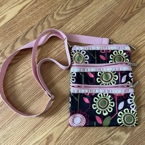 Lesportsac 3 zip adjustable shoulder crossbody‎ brown pink floral bag